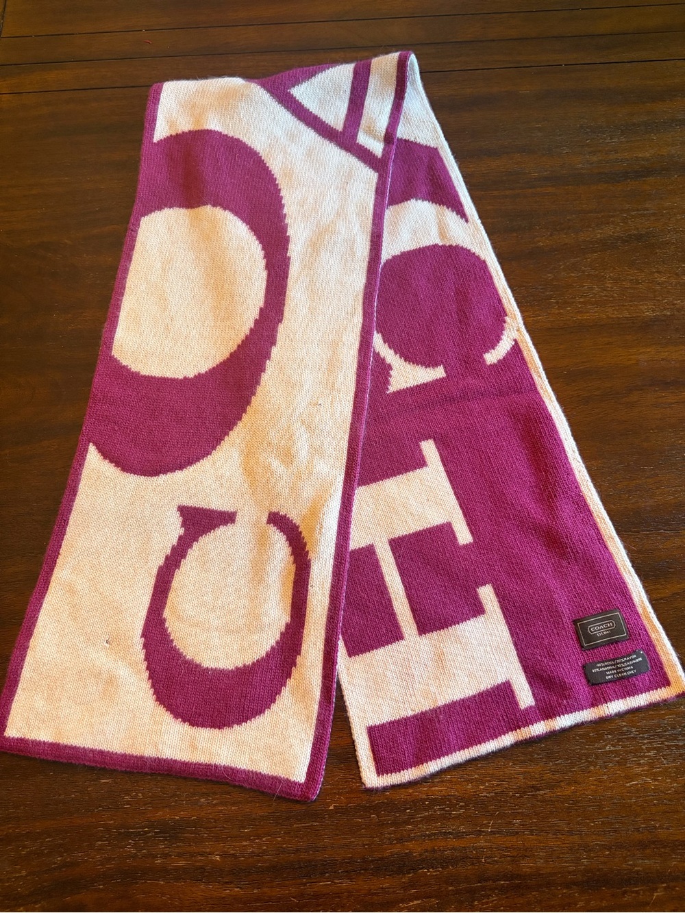 Coach Signature Logo Knit Scarf Wool Angora Cashmere Pink Cream Oversized C